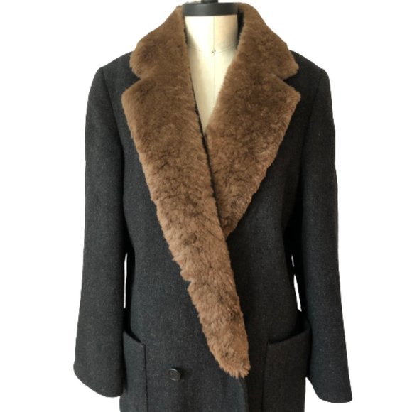 Vintage Jackets & Blazers - Vintage Perry Ellis Gray 100% Wool Fur Collar Dark Academia Coat USA ILGWU Made